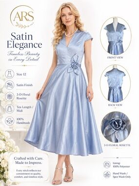 NWT Light Blue Satin Midi Dress Size 16 3D Floral Rosette Formal Occasion